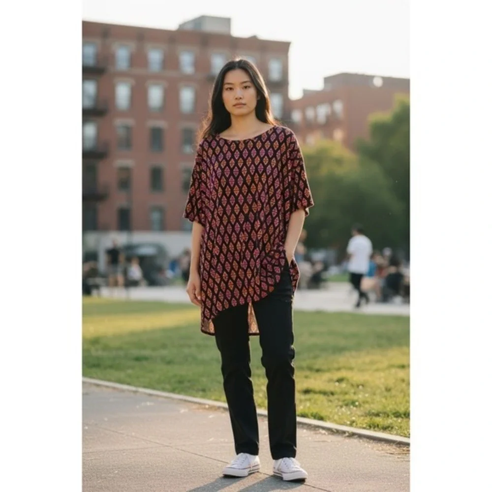 Womens Geometric Print Tunic Top Asymmetrical‎ Hem Short Sleeve Burgundy Orange